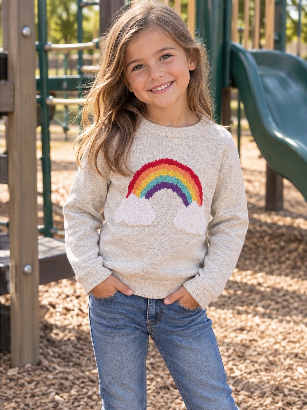 Tucker + Tate Girls Rainbow Sweater Size 6 Cream Knit Cloud Pullover